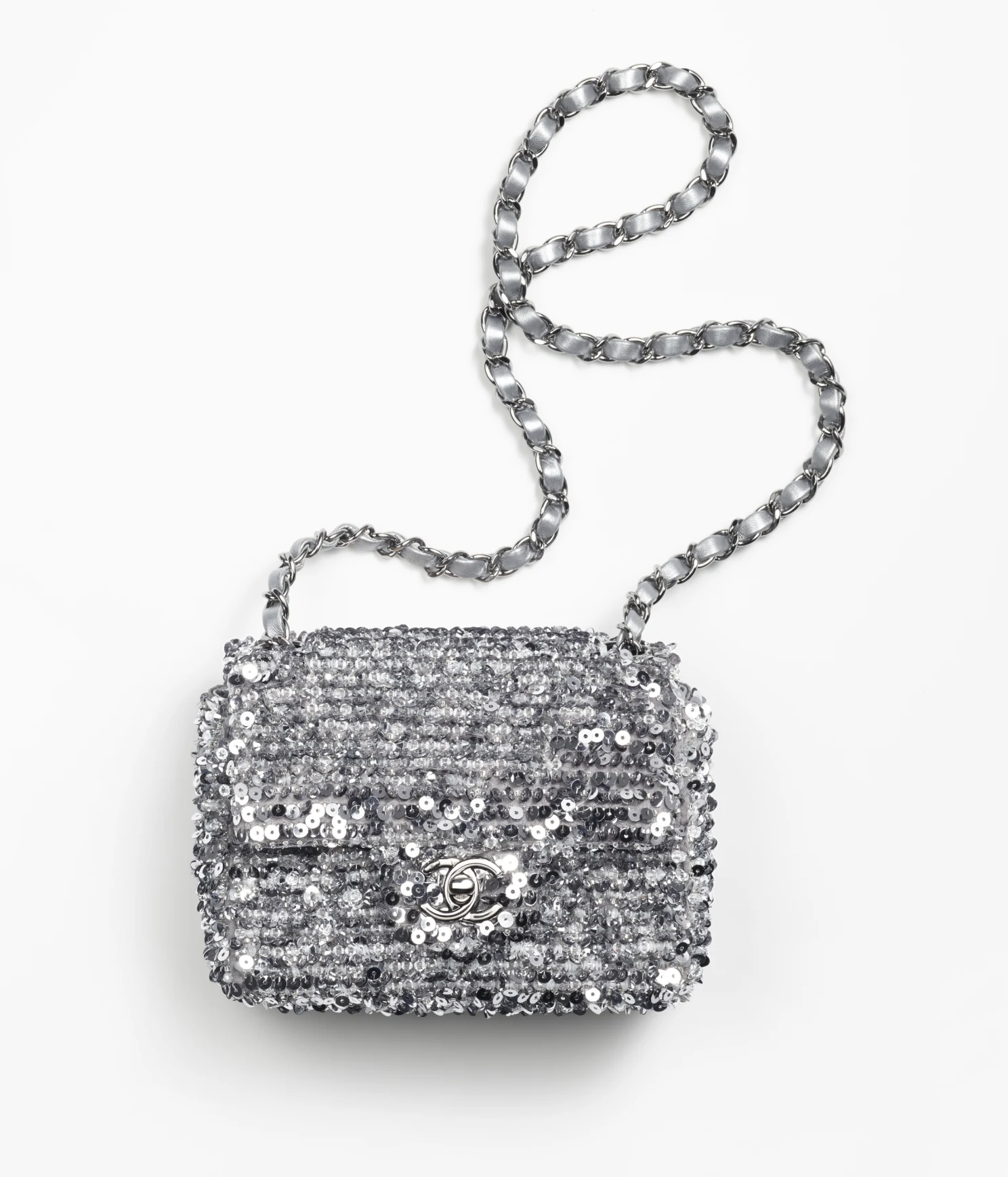 9525695807518.webp CHANEL / MINI FLAP BAG Embroidered Satin, Sequins, Glass Pearls & Ruthenium-Finish Metal Ref. AS4269 B13685 NQ843 Silver - Image 1