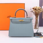 Hermès Kelly  Calf Gold hardware Linen blue size: 25cm