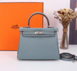 Hermès Kelly  Calf Sliver hardware Linen blue size: 25cm
