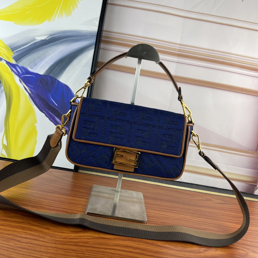 i1682175407_703_0.jpg FENDI Baguette F embroidery Dark Blue shoulderbag F2029 Size: 26*5*15CM - Image 1