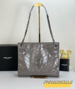 YSL NIKI Wrinkled retro oil wax skin Shoulder and backbody tote bag grey 577999 size: 33*27*11.5 cm